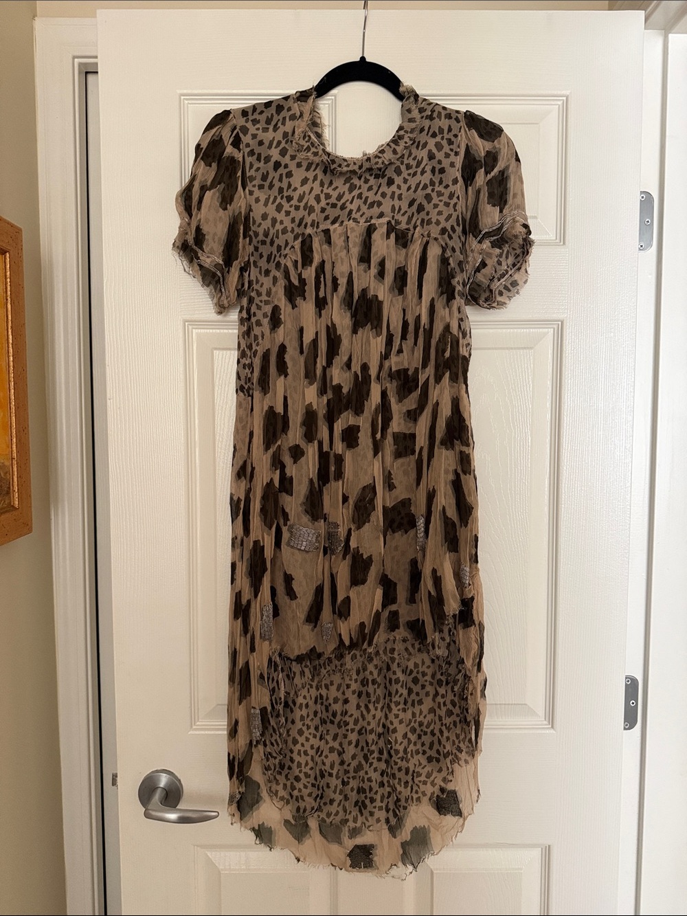 Leopard Print High-Low Tunic Dress in Taupe and Brown/Black Silk with appliqué